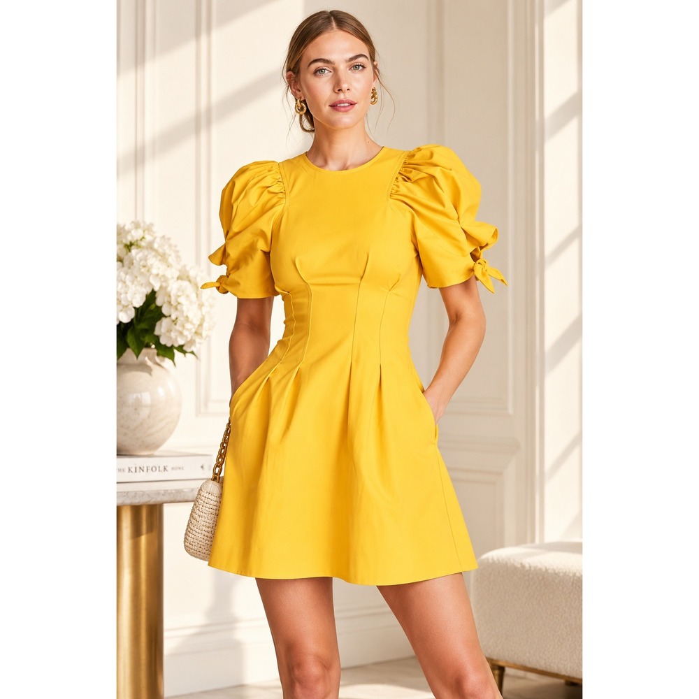 SEA New York Lennox Yelloe Mini Dress Puff Sleeve Pockets (MSRP: $415) Size 4